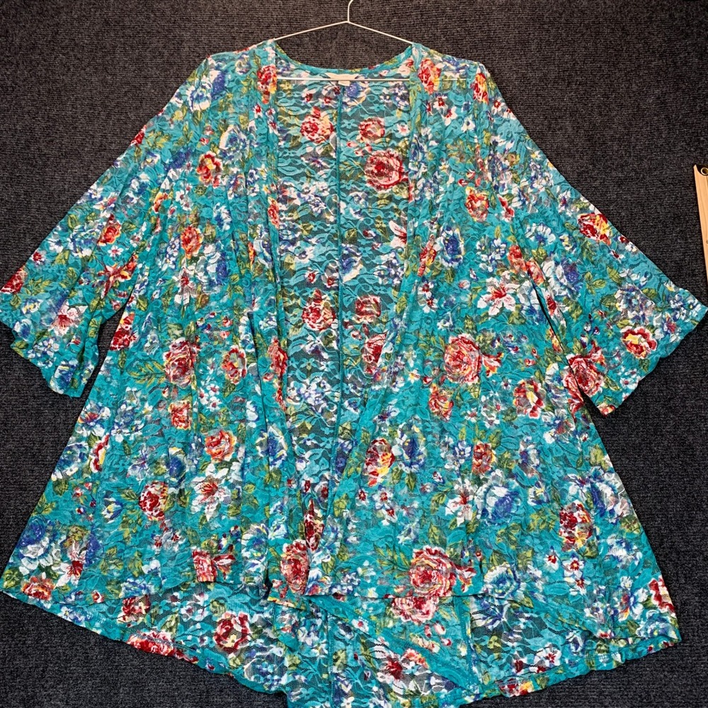 Lace Floral Burnout Sheer Kimono Open Front Wrap S Teal Oversized Boho Festival